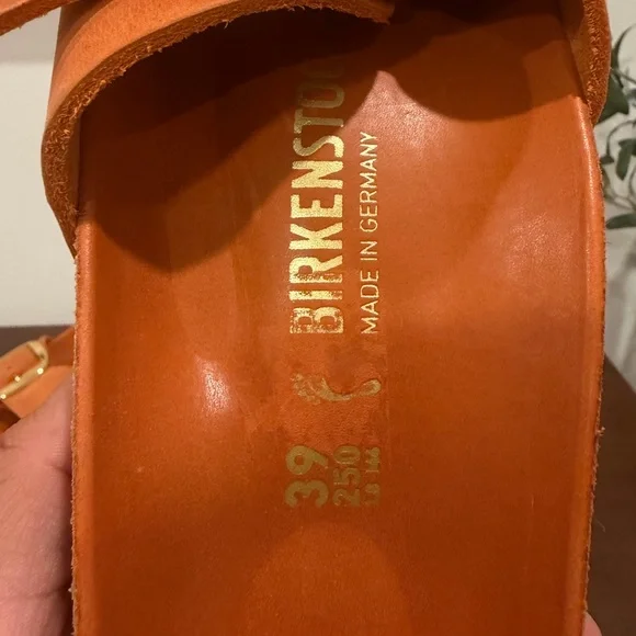 Birkenstock Madrid Big Buckle | Tan/Orange Slides with Gold Buckle - Picture 9 of 15